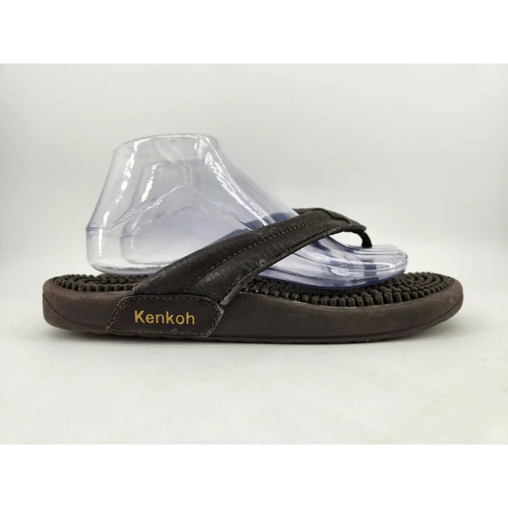 Kenkoh Spirit V Flip Flop Sandals Mens 9 Brown Leather Acupressure Massage 2314